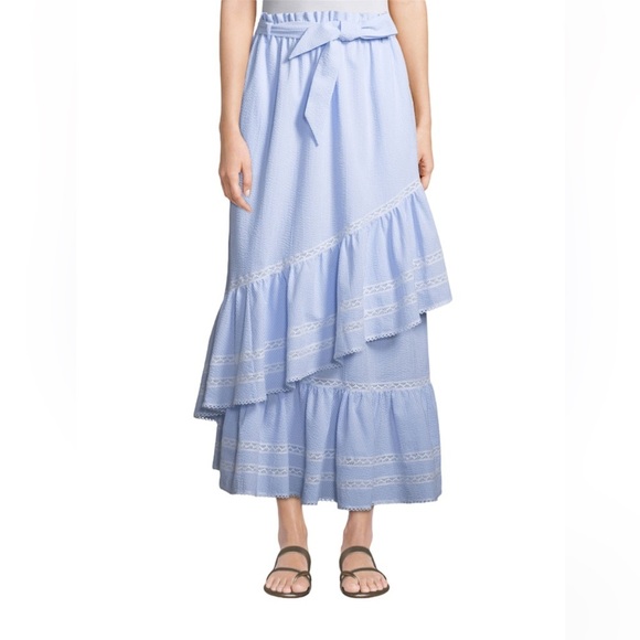 Jonathan Simkhai Light Blue Maxi Tiered Wrap Skirt w/Lace - Picture 1 of 13